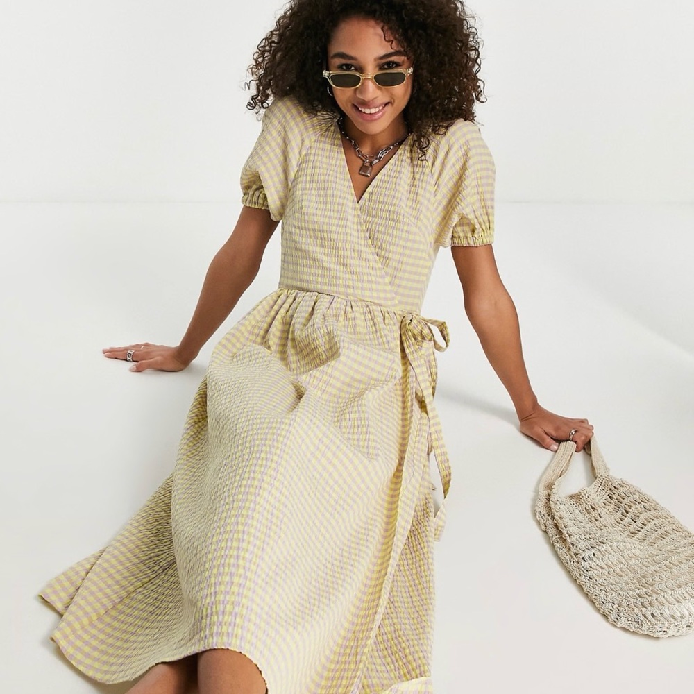 Topshop Yellow Plaid Midi Dress